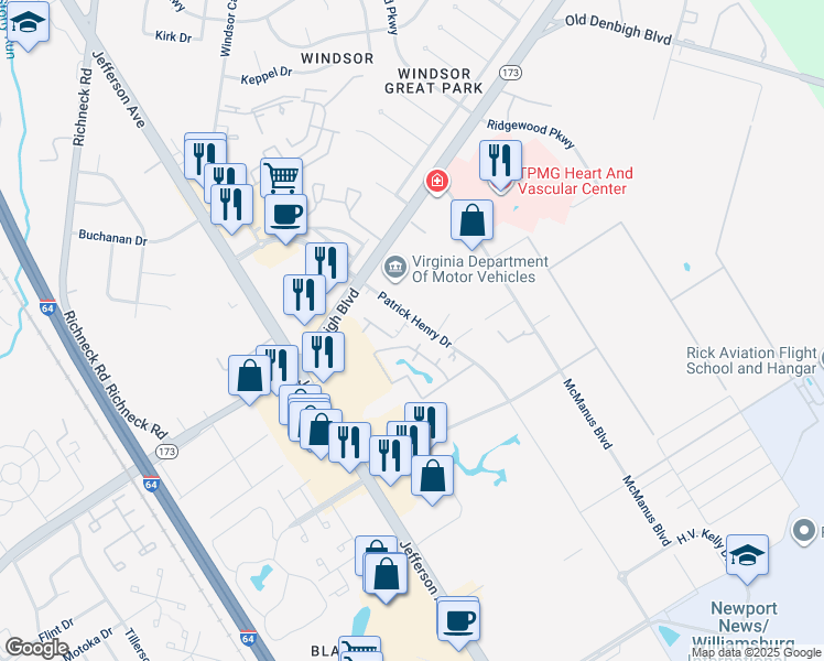 map of restaurants, bars, coffee shops, grocery stores, and more near 804 New Day Court in Newport News