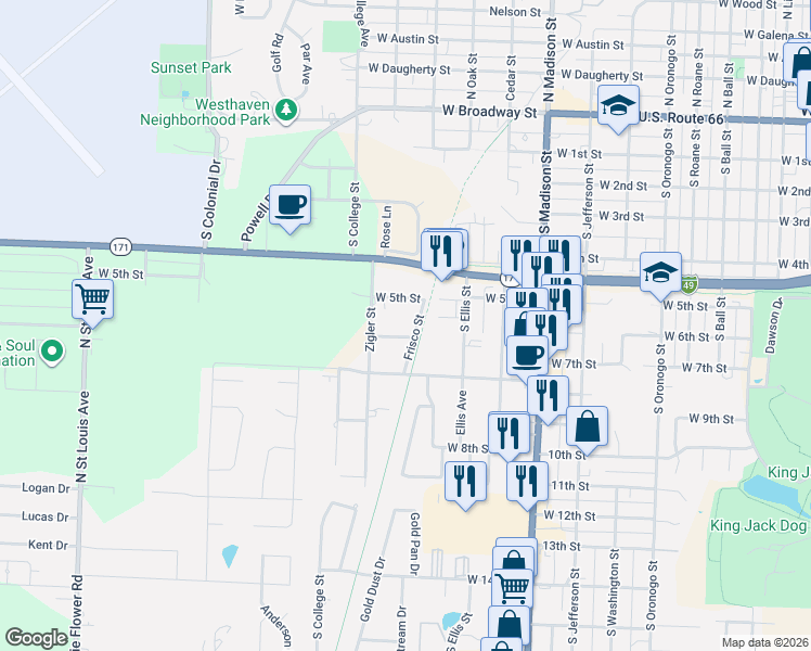 map of restaurants, bars, coffee shops, grocery stores, and more near 1322 West 5th Street in Webb City