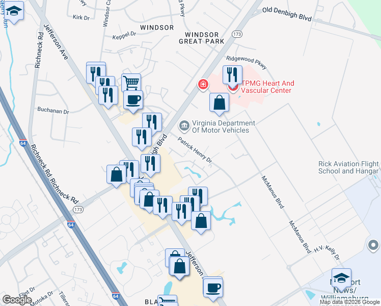 map of restaurants, bars, coffee shops, grocery stores, and more near 12720 Patrick Henry Drive in Newport News