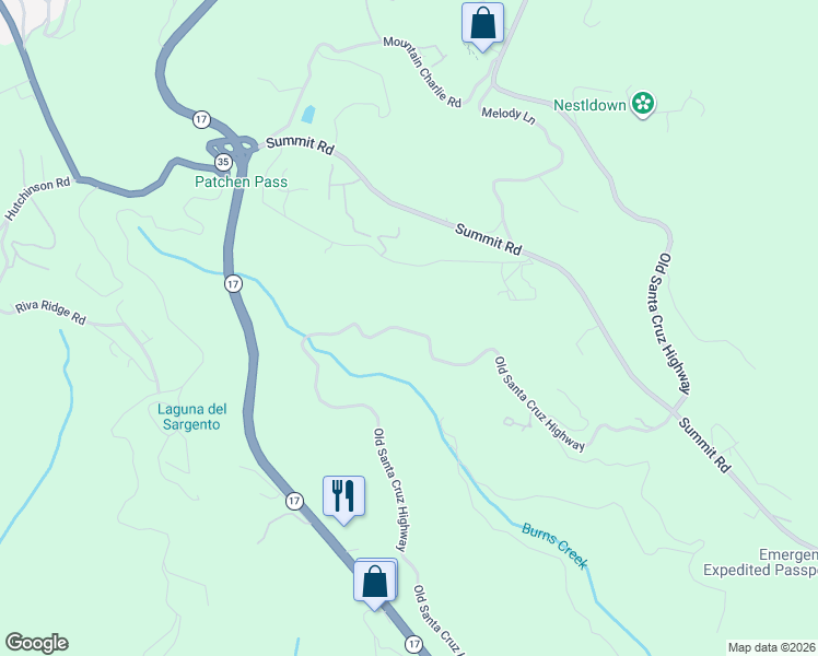map of restaurants, bars, coffee shops, grocery stores, and more near 23185 Old Santa Cruz Highway in Los Gatos