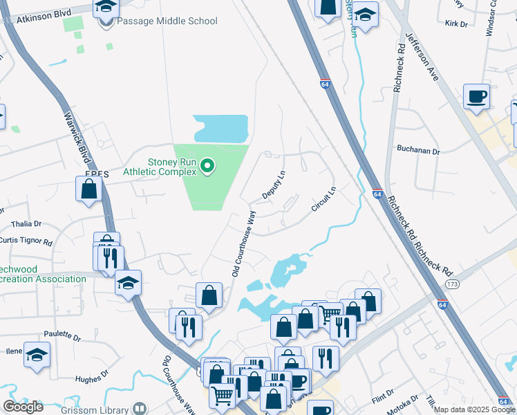 map of restaurants, bars, coffee shops, grocery stores, and more near 399 Deputy Lane in Newport News