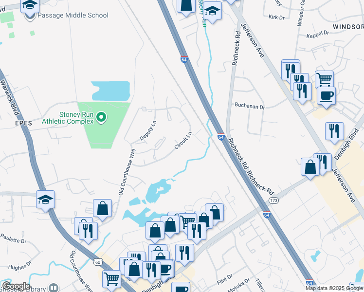 map of restaurants, bars, coffee shops, grocery stores, and more near 300 Civil Court in Newport News