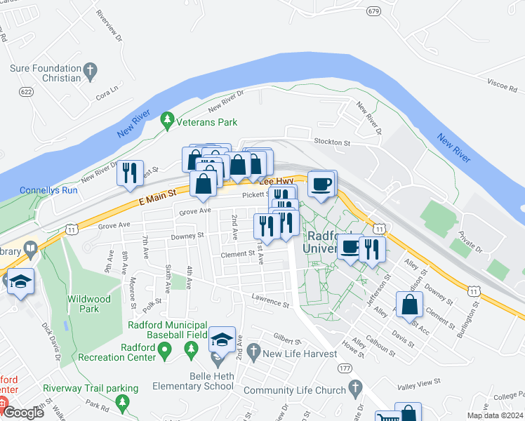 map of restaurants, bars, coffee shops, grocery stores, and more near 1023 Grove Avenue in Radford
