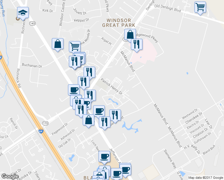 map of restaurants, bars, coffee shops, grocery stores, and more near 12720 Patrick Henry Drive in Newport News