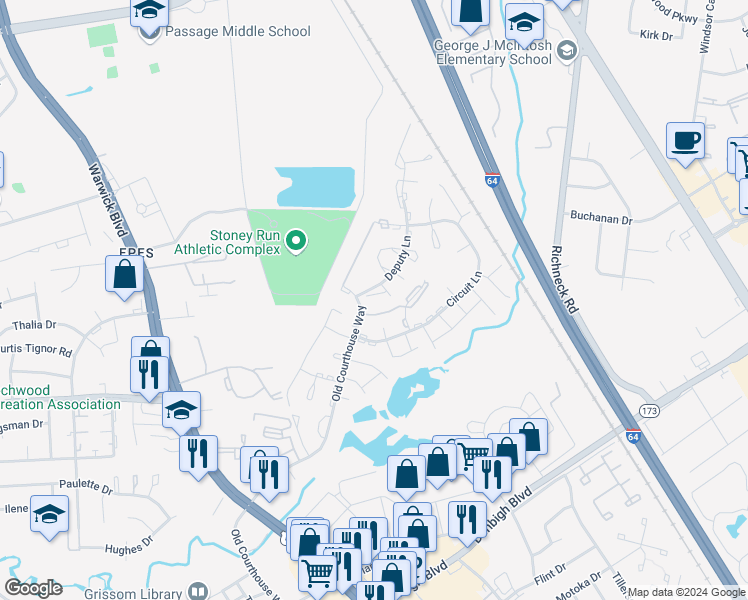 map of restaurants, bars, coffee shops, grocery stores, and more near 399 Deputy Lane in Newport News