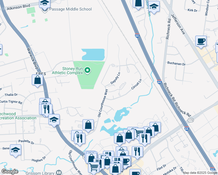 map of restaurants, bars, coffee shops, grocery stores, and more near 398 Deputy Lane in Newport News