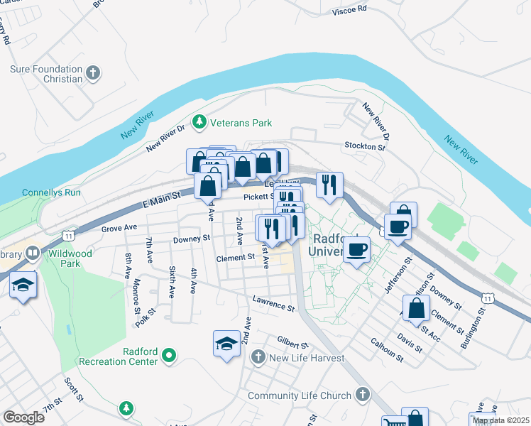 map of restaurants, bars, coffee shops, grocery stores, and more near 1020 Grove Avenue in Radford