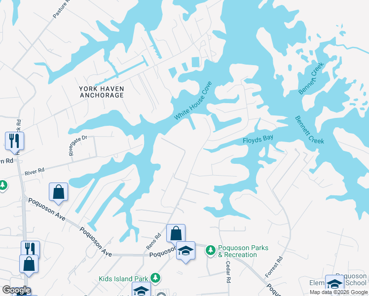 map of restaurants, bars, coffee shops, grocery stores, and more near 105 Rens Road in Poquoson