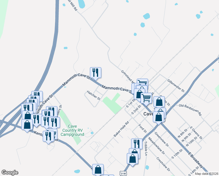 map of restaurants, bars, coffee shops, grocery stores, and more near 298 Mammoth Cave St in Cave City