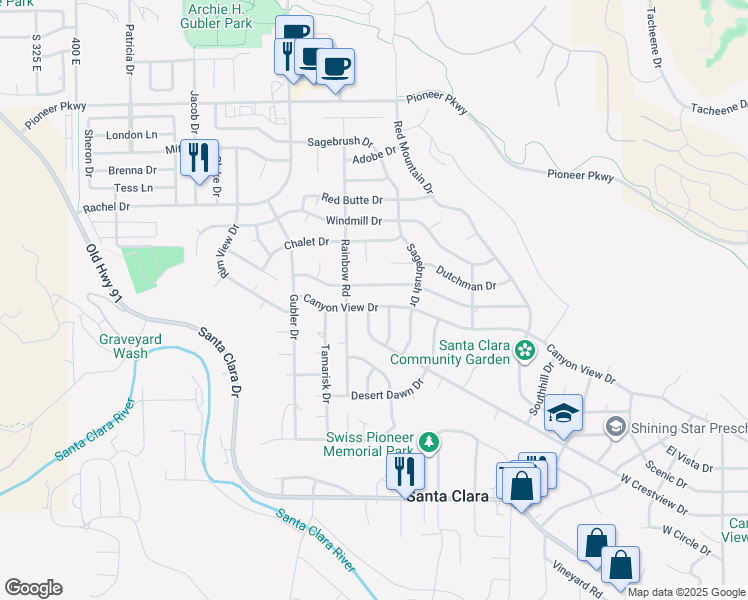 map of restaurants, bars, coffee shops, grocery stores, and more near 3166 Canyon View Drive in Santa Clara