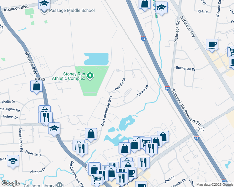 map of restaurants, bars, coffee shops, grocery stores, and more near 397 Deputy Lane in Newport News