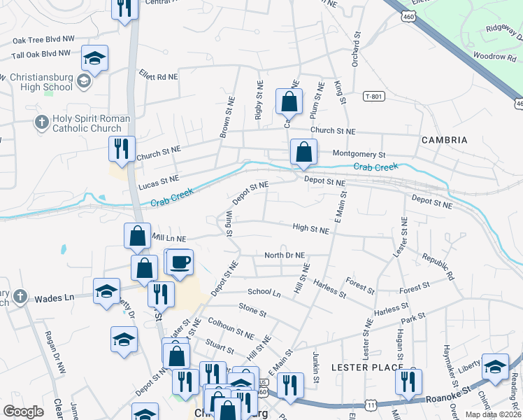map of restaurants, bars, coffee shops, grocery stores, and more near 755 Shaffer Street Northeast in Christiansburg