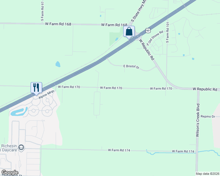 map of restaurants, bars, coffee shops, grocery stores, and more near 7095 West Farm Road 170 in Republic