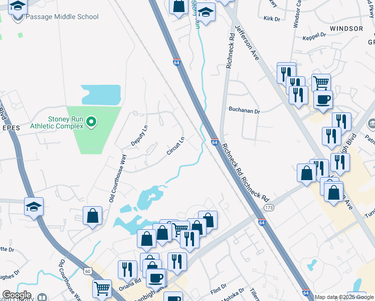 map of restaurants, bars, coffee shops, grocery stores, and more near 303 Civil Court in Newport News