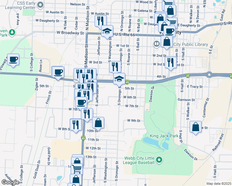 map of restaurants, bars, coffee shops, grocery stores, and more near 510 South Oronogo Street in Webb City