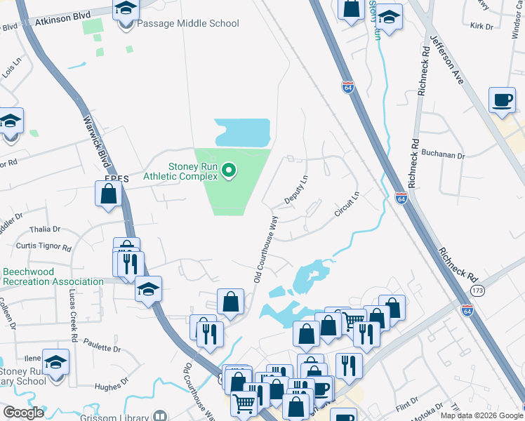 map of restaurants, bars, coffee shops, grocery stores, and more near 398 Deputy Lane in Newport News