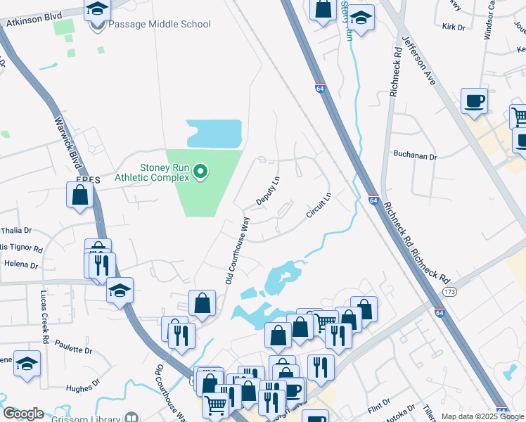 map of restaurants, bars, coffee shops, grocery stores, and more near 397 Deputy Lane in Newport News