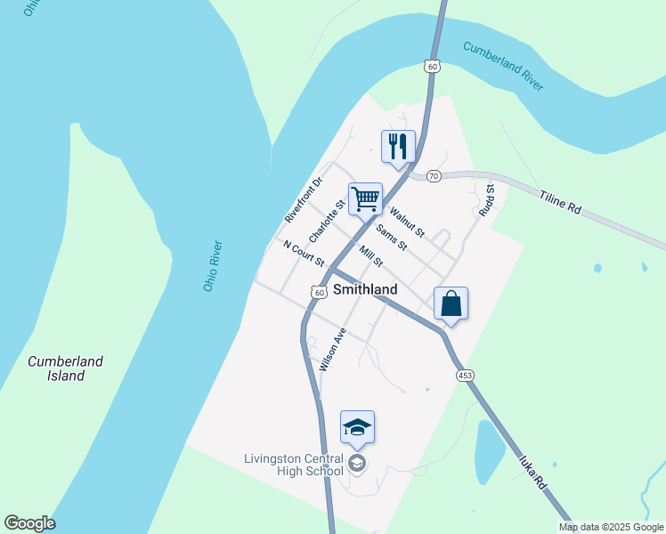 map of restaurants, bars, coffee shops, grocery stores, and more near 122 East Adair Street in Smithland