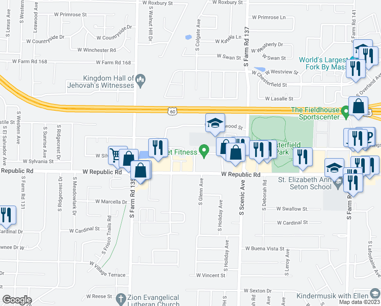 map of restaurants, bars, coffee shops, grocery stores, and more near 4131 South Glenn Avenue in Springfield