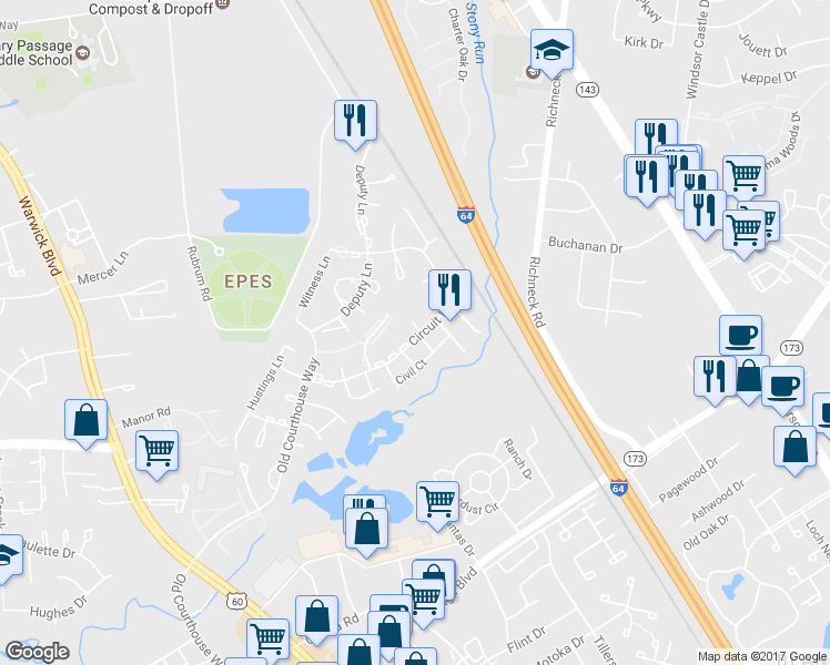 map of restaurants, bars, coffee shops, grocery stores, and more near 300 Civil Court in Newport News
