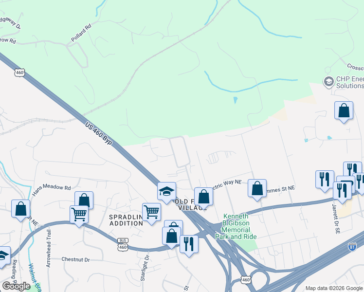 map of restaurants, bars, coffee shops, grocery stores, and more near 525 Village Lane in Christiansburg