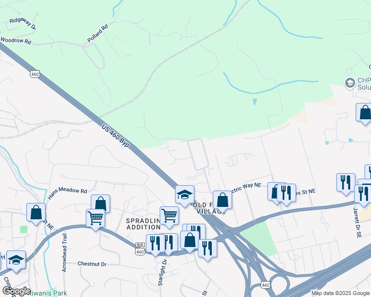 map of restaurants, bars, coffee shops, grocery stores, and more near 525 Village Lane in Christiansburg