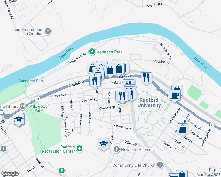 map of restaurants, bars, coffee shops, grocery stores, and more near 1116 Grove Avenue in Radford
