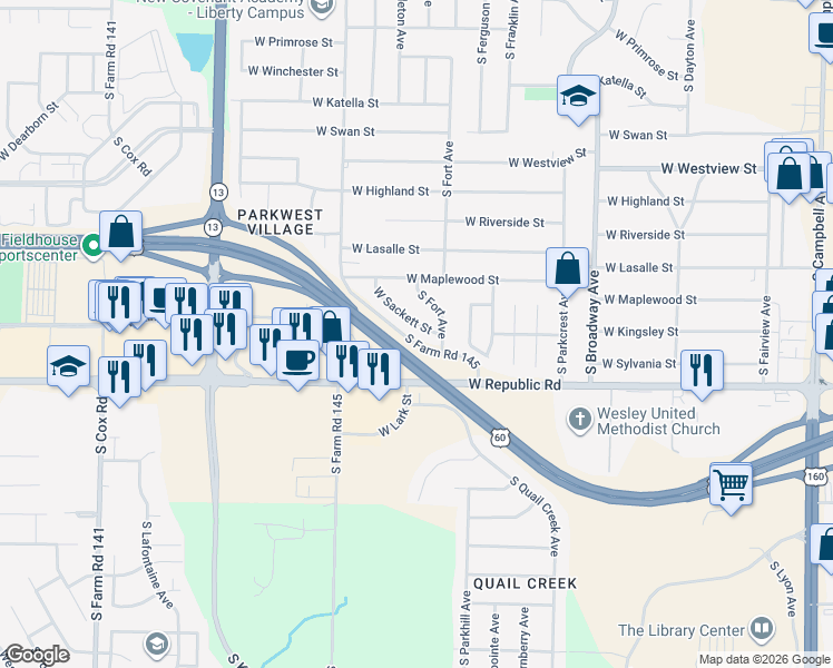 map of restaurants, bars, coffee shops, grocery stores, and more near 1340 West Sackett Street in Springfield