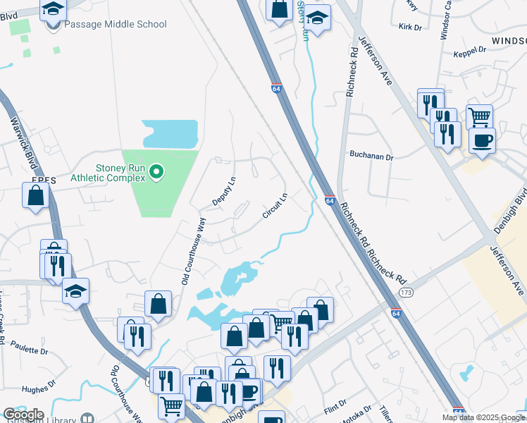 map of restaurants, bars, coffee shops, grocery stores, and more near 389 Jury Lane in Newport News
