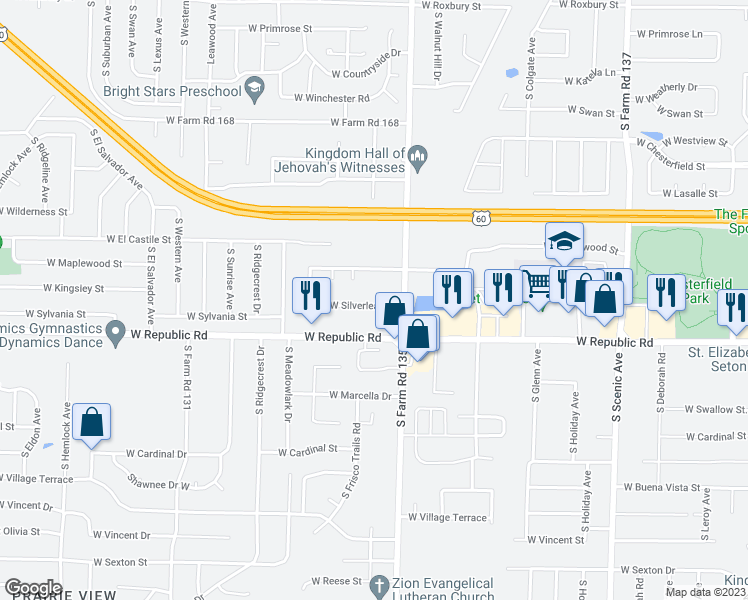 map of restaurants, bars, coffee shops, grocery stores, and more near 3145 West Silverleaf Street in Springfield