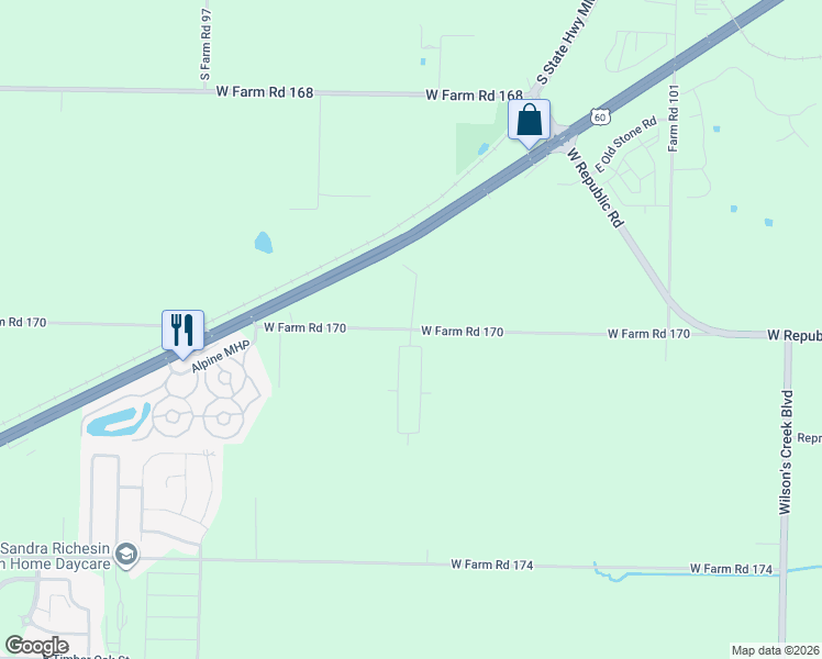 map of restaurants, bars, coffee shops, grocery stores, and more near 7177 West Farm Road 170 in Republic