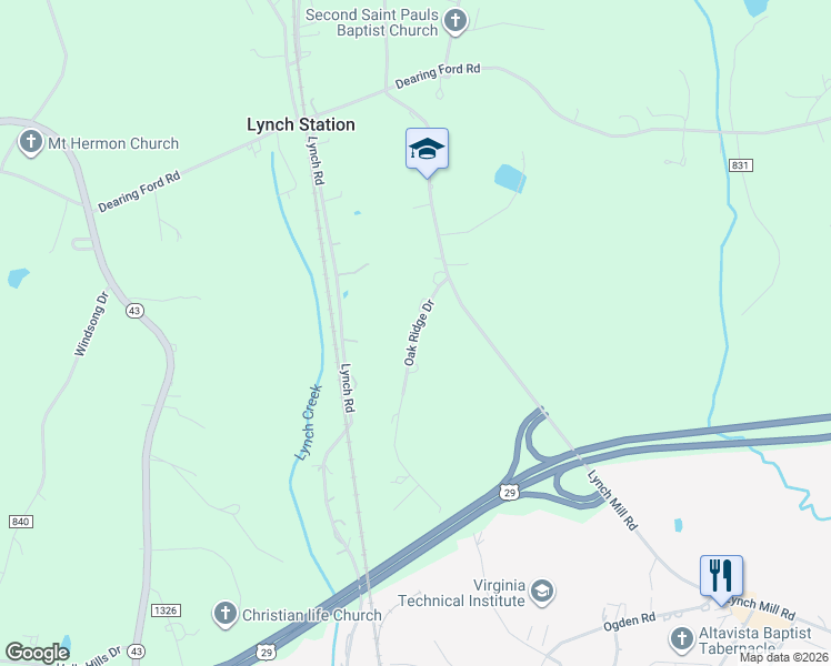 map of restaurants, bars, coffee shops, grocery stores, and more near 152 Oak Ridge Drive in Altavista