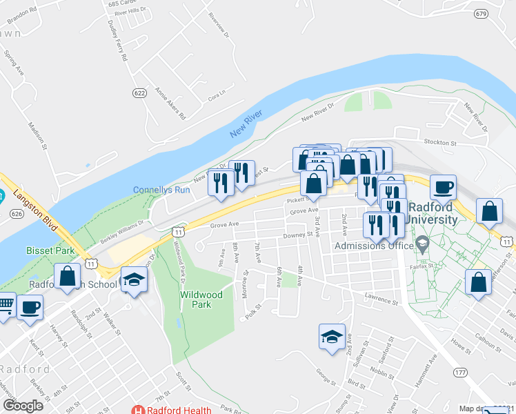 map of restaurants, bars, coffee shops, grocery stores, and more near 1612 Pickett Street in Radford