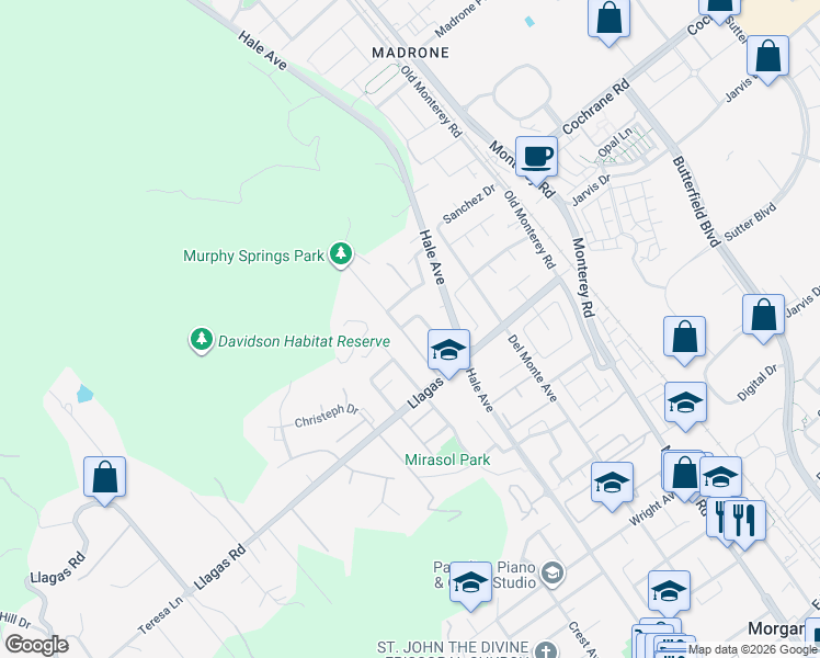 map of restaurants, bars, coffee shops, grocery stores, and more near 18410 Murphy Springs Drive in Morgan Hill