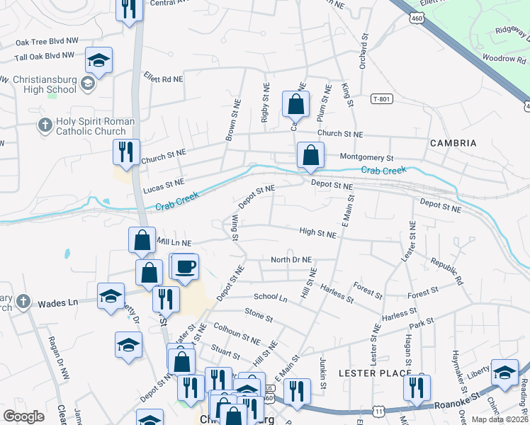 map of restaurants, bars, coffee shops, grocery stores, and more near 755 Shaffer Street Northeast in Christiansburg