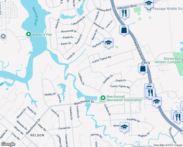 map of restaurants, bars, coffee shops, grocery stores, and more near 6 Kearny Court in Newport News