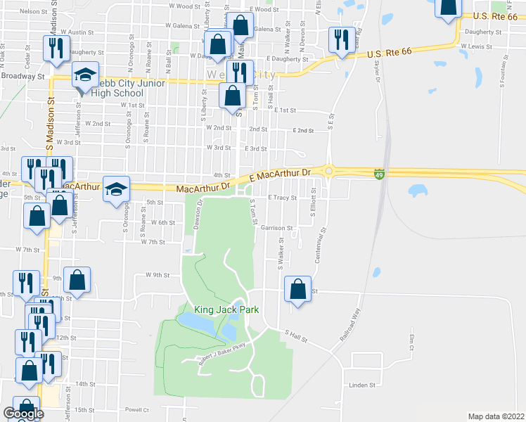 map of restaurants, bars, coffee shops, grocery stores, and more near 522 South Hall Street in Webb City