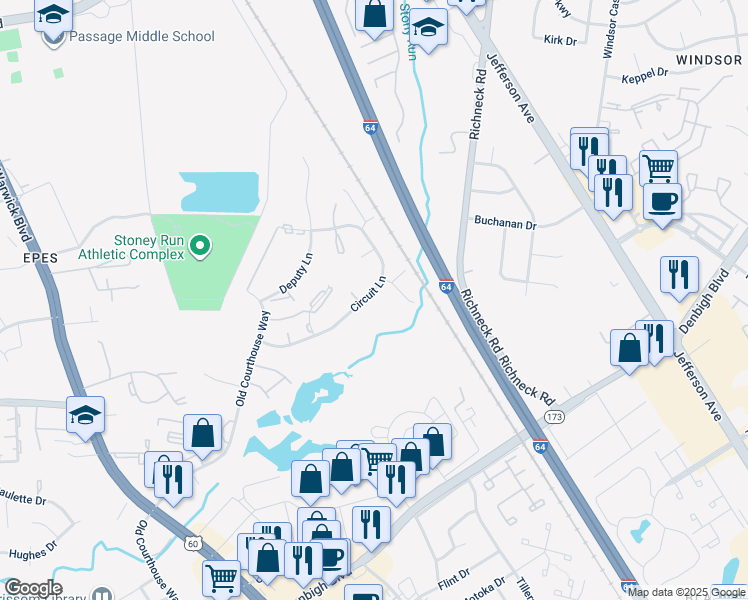 map of restaurants, bars, coffee shops, grocery stores, and more near 300 Civil Court in Newport News