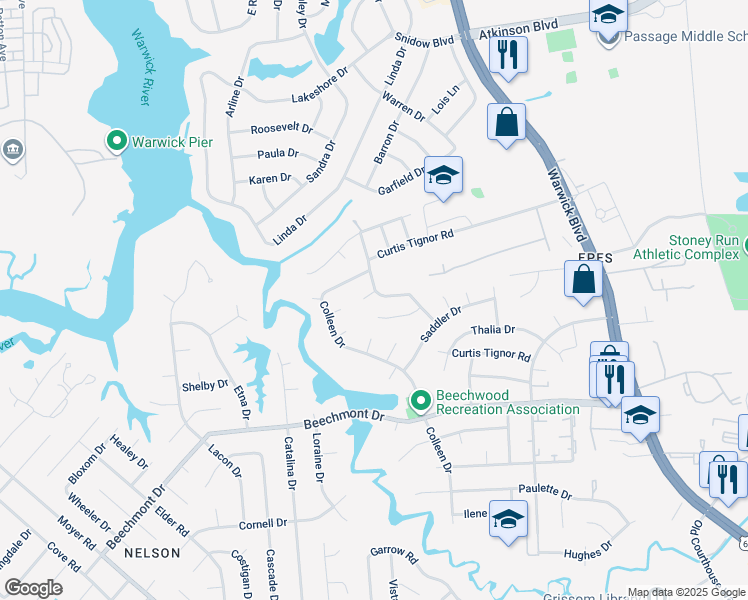 map of restaurants, bars, coffee shops, grocery stores, and more near 6 Kearny Court in Newport News