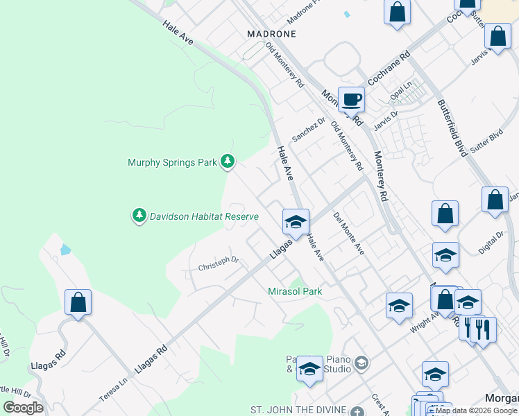 map of restaurants, bars, coffee shops, grocery stores, and more near 18435 Murphy Springs Drive in Morgan Hill