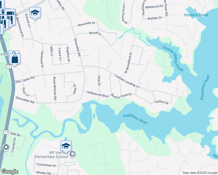 map of restaurants, bars, coffee shops, grocery stores, and more near 112 Breezy Point Drive in Yorktown