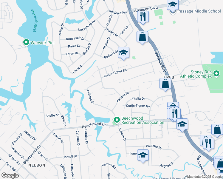 map of restaurants, bars, coffee shops, grocery stores, and more near 284 Curtis Tignor Road in Newport News