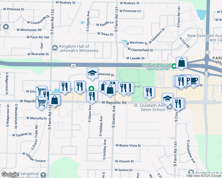 map of restaurants, bars, coffee shops, grocery stores, and more near 4131 South Scenic Avenue in Springfield