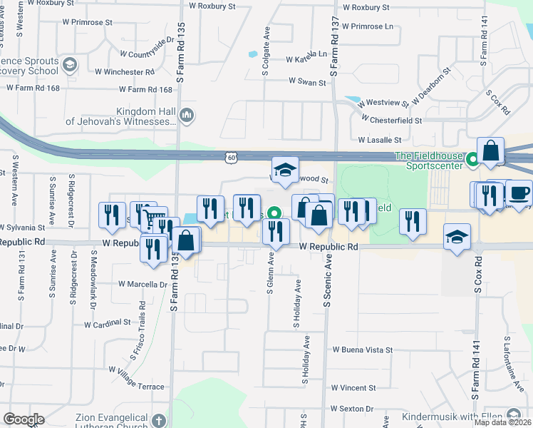 map of restaurants, bars, coffee shops, grocery stores, and more near 2847 West Silverleaf Street in Springfield