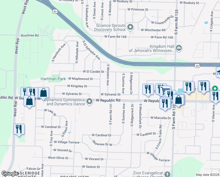 map of restaurants, bars, coffee shops, grocery stores, and more near 4113 South El Fiesta Avenue in Springfield