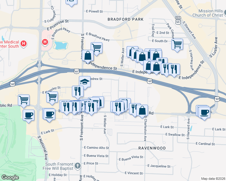 map of restaurants, bars, coffee shops, grocery stores, and more near 4049 S Delaware Ave in Springfield