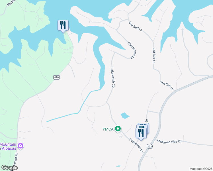 map of restaurants, bars, coffee shops, grocery stores, and more near 315 Lakewatch Circle in Moneta