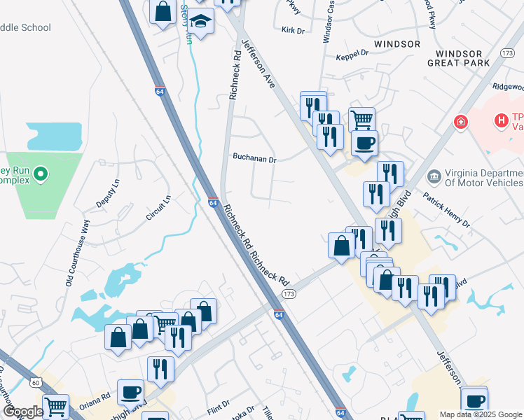 map of restaurants, bars, coffee shops, grocery stores, and more near 80 Richneck Road in Newport News