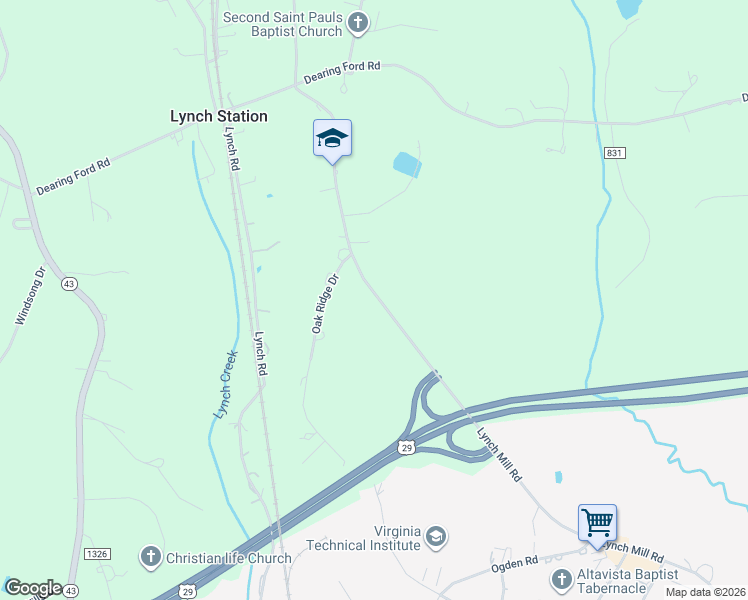 map of restaurants, bars, coffee shops, grocery stores, and more near 1301 Lynch Mill Road in Altavista