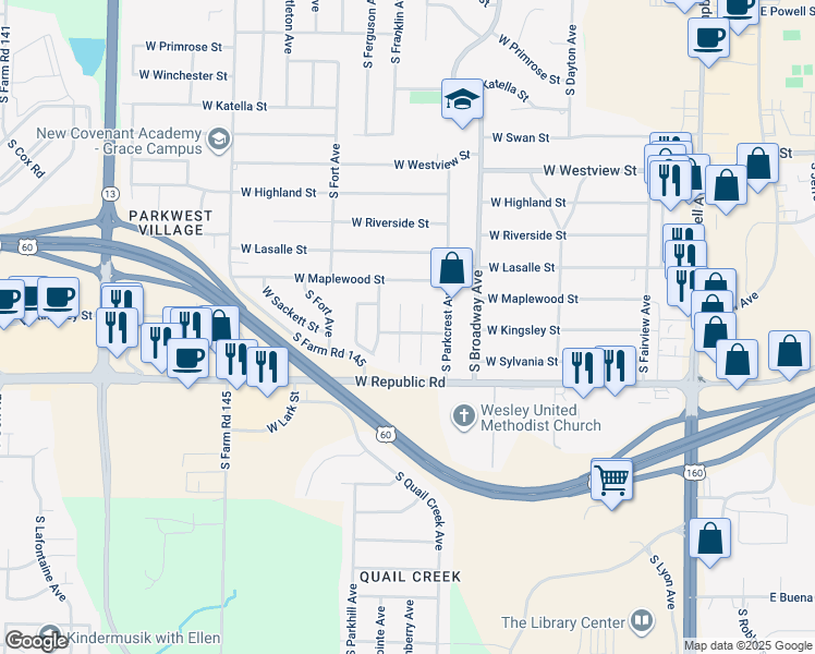 map of restaurants, bars, coffee shops, grocery stores, and more near 4068 South Parkhill Court in Springfield